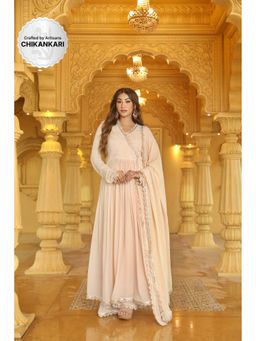Label Aishwaryrika - Sandstone Chikankari and Mukaish Anarkali with Lace (Set of 3)