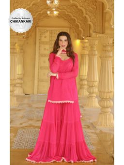 Label Aishwaryrika - Topaz Pink Chikankari Kurta Flared Gharara with Lace (Set of 3)