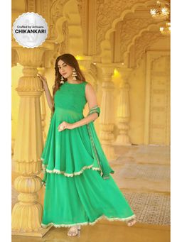 Label Aishwaryrika - Emerald & Gold Chikankari Kurta with Sharara Lace (Set of 3)