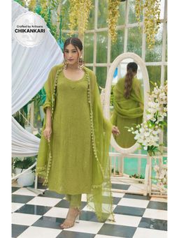 Label Aishwaryrika - Olive Blossom Chikankari Sleeveless Kurta (Set of 3)