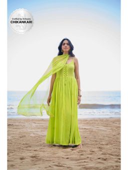 Label Aishwaryrika - Green Lily Chikankari & Mukaish Anarkali Suit (Set of 3)