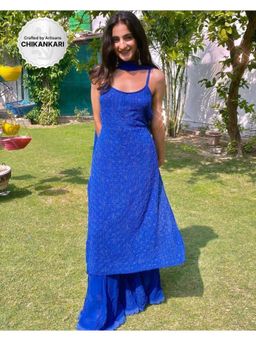 Label Aishwaryrika - Bazaar Blue Strappy Chikankari Kurta With Palazzo & Dupatta (Set of 3)