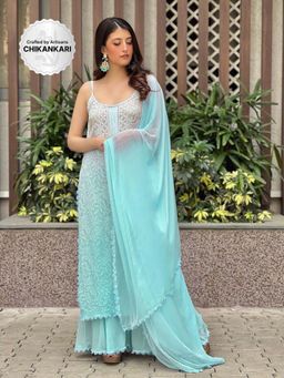 Label Aishwaryrika - Dreamy Lagoon Chikankari Kurta With Palazzo & Dupatta (Set of 3)