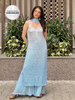 Label Aishwaryrika - Dreamy Frost Chikankari Kurta With Palazzo & Dupatta (Set of 3)