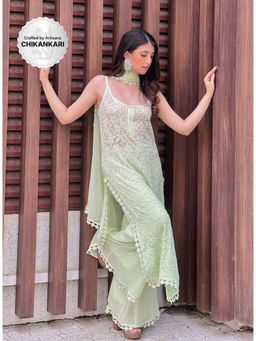 Label Aishwaryrika - Dreamy Lime Chikankari Kurta With Palazzo & Dupatta (Set of 3)