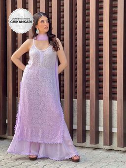 Label Aishwaryrika - Dreamy Pastel Chikankari Kurta With Palazzo & Dupatta (Set of 3)