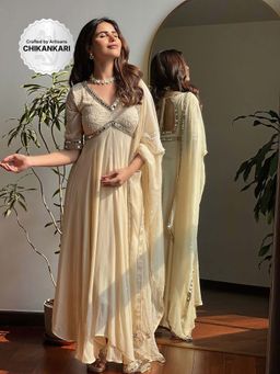 Label Aishwaryrika - Irene Chikankari Mirror Work Anarkali & Pant with Dupatta (Set of 3)