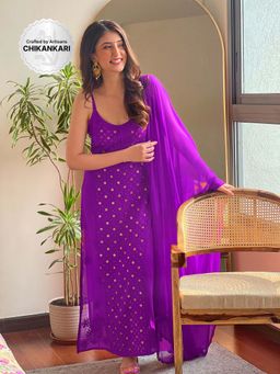 Label Aishwaryrika - Velour Ring Work Strappy Chikankari Kurta & Pant with Dupatta (Set of 3)