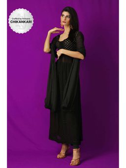 Label Aishwaryrika - Black Metal Chikankari Anarkali Kurta & Pant with Dupatta (Set of 3)