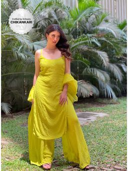 Label Aishwaryrika - Verona Lime chikankari strappy kurta & Pant with Dupatta (Set of 3)