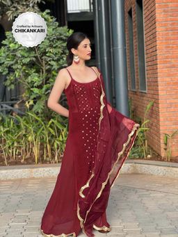 Label Aishwaryrika - Maroon Cola Ring Work Chikankari Kurta with Palazzo and Dupatta (Set of 3)