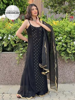 Label Aishwaryrika - Jade Black Ring Work Chikankari Kurta with Palazzo and Dupatta (Set of 3)