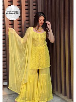 Label Aishwaryrika - Yellow Rose Chikankari Lace Kurta with Sharara and Dupatta (Set of 3)