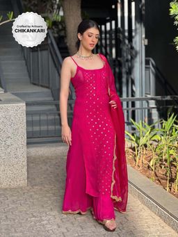 Label Aishwaryrika - Rani Pink Ring Work Chikankari Kurta with Palazzo and Dupatta (Set of 3)