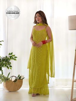 Label Aishwaryrika - Amalfi Green Chikankari & Mukaish Kurta with Palazzo and Dupatta (Set of 3)