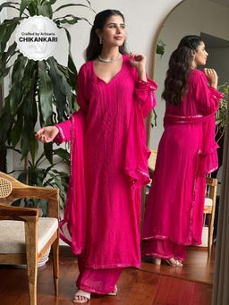 Label Aishwaryrika - Verona Pink Mirror Work Chikankari Kurta (Set of 3)