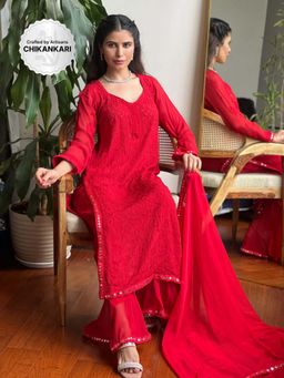 Label Aishwaryrika - Mahogany Red Mirror Work Chikankari Kurta (Set of 3)