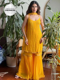 Label Aishwaryrika - Sicilian Yellow Mirror Work Chikankari Kurta (Set of 3)