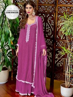 Label Aishwaryrika - Mauve Bliss Lilac Lace Chikankari Kurta (Set of 3)