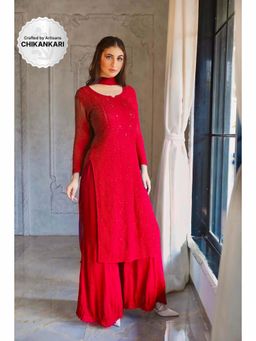 Label Aishwaryrika - Forbidden Red Chikankari Kurta with Palazzo and Dupatta (Set of 3)