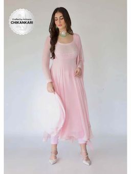 Label Aishwaryrika - Camellia Pink Chikankari Anarkali Kurta with Pant With Dupatta (Set of 3)
