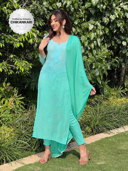 Label Aishwaryrika - Turquoise Lagoon Chikankari Kurta with Pant and Dupatta (Set of 3)