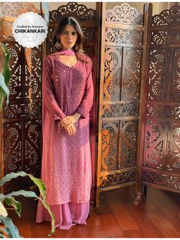 Label Aishwaryrika - Misty Mauve Chikankari Mukaish Kurta with Palazzo and Dupatta (Set of 3)