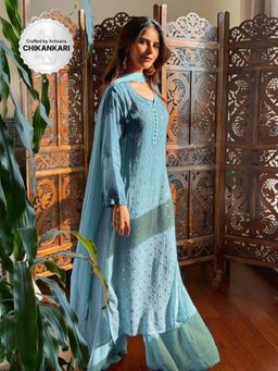 Label Aishwaryrika - Ice Blue Chikankari Mukaish Kurta with Palazzo and Dupatta (Set of 3)