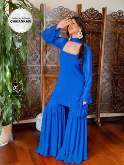 Label Aishwaryrika - Berry Blue Chikankari Sharara with Kurti and Dupatta (Set of 3)