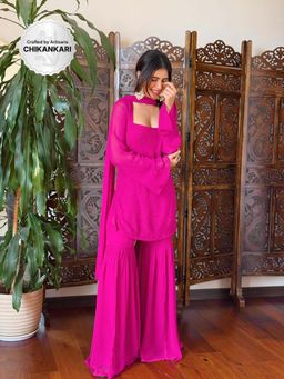 Label Aishwaryrika - Bubble-gum Pink Chikankari Sharara with Kurti and Dupatta (Set of 3)