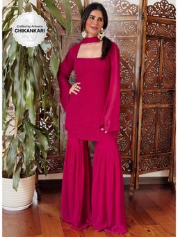 Label Aishwaryrika - Burnt Magenta Chikankari Sharara with Kurti and Dupatta (Set of 3)