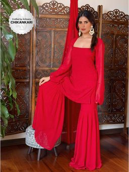 Label Aishwaryrika - Turkey Red Chikankari Sharara with Kurti and Dupatta (Set of 3)