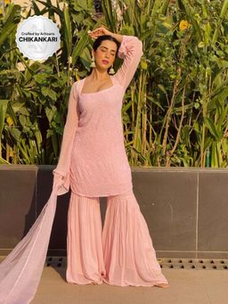 Label Aishwaryrika - Cherry Pink Chikankari Sharara with Kurti and Dupatta (Set of 3)