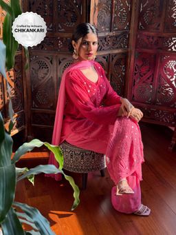 Label Aishwaryrika - Sunrise Pink Chikankari Mukaish Kurta with Palazzo and Dupatta (Set of 3)