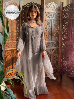 Label Aishwaryrika - Glacier Grey Chikankari And Mukaish Ring Work Kurta