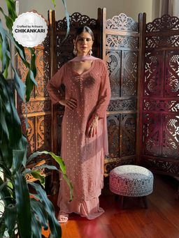 Label Aishwaryrika - Rustic Rose Chikankari And Mukaish Ring Work Brown Kurta