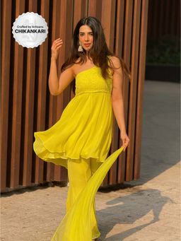 Label Aishwaryrika - Stella Chikankari Yellow Kurti with Sharara and Dupatta (Set of 3)