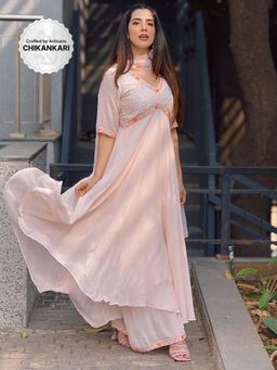 Label Aishwaryrika - Muted Peach Chikankari Anarkali Kurta with Palazzo and Dupatta (Set of 3)