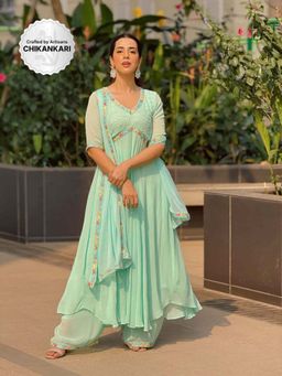 Label Aishwaryrika - Malt Green Chikankari Anarkali Kurta with Palazzo and Dupatta (Set of 3)