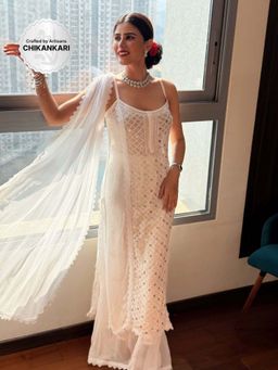 Label Aishwaryrika - Afreen Chikankari Mukaish White Kurta with Palazzo and Dupatta (Set of 3)