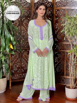 Label Aishwaryrika - Citrina Green Bloom Chikankari Kurta with Palazzo and Dupatta (Set of 3)