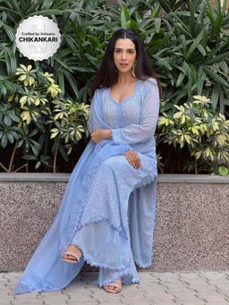 Label Aishwaryrika - Jewel Blue Chikankari And Lace Kurta with Palazzo and Dupatta (Set of 3)