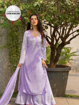 Label Aishwaryrika - Lavender Twilight Chikankari Kurta with Palazzo and Dupatta (Set of 3)