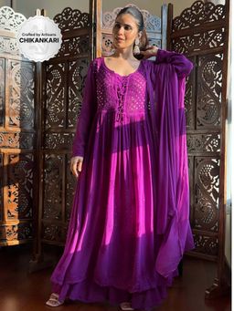 Label Aishwaryrika - Purple Rose Chikankari Anarkali with Palazzo and Dupatta (Set of 3)