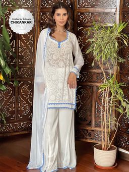 Label Aishwaryrika - White Short Chikankari Kurta with Palazzo and Dupatta (Set of 3)