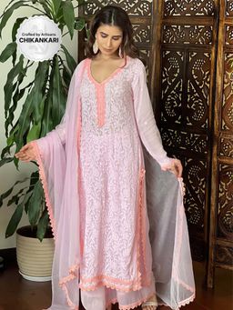 Label Aishwaryrika - Pink Solstice Chikankari Lace Kurta with Palazzo and Dupatta (Set of 3)