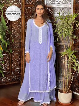 Label Aishwaryrika - Lavender Chikankari Lace Kurta with Palazzo and Dupatta (Set of 3)