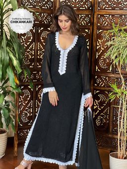 Label Aishwaryrika - Black Midnight Bloom Chikankari Lace Kurta with Pant and Dupatta (Set of 3)