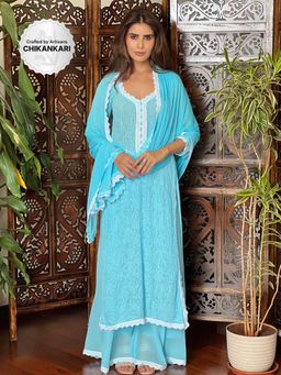 Label Aishwaryrika - Blue Opal Sky Chikankari Lace Kurta with Palazzo and Dupatta (Set of 3)