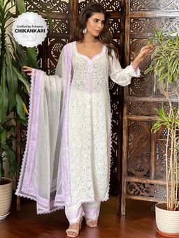Label Aishwaryrika - White Chikankari Lace Kurta with Palazzo and Dupatta (Set of 3)